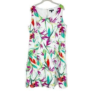 NEW Roz & Ali Dressbarn White Pink Green Floral Flare Summer Dress Sz 18